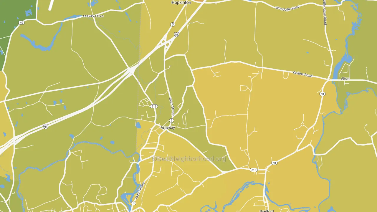 Map of the best neighborhoods in the Ashaway area, with better matches in green and worse matches in red
