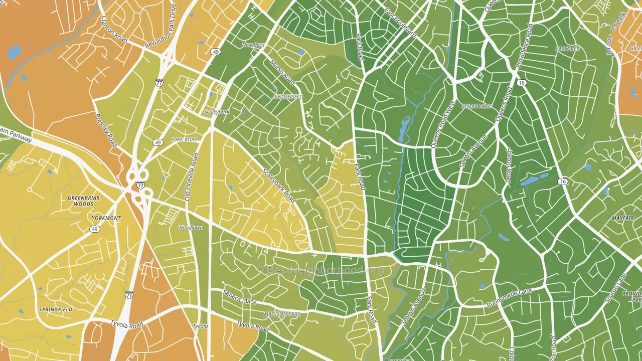 Map of the best neighborhoods in the Ashbrook-Clawson Village, Charlotte area, with better matches in green and worse matches in red