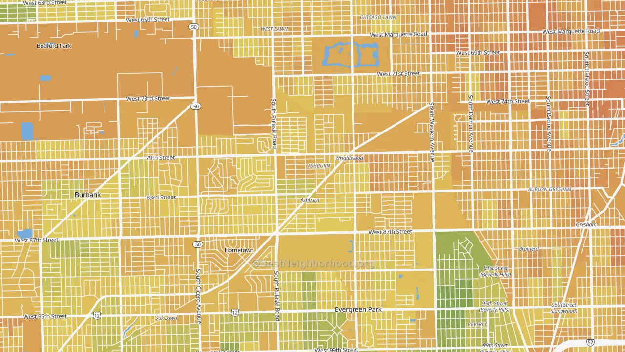 Map of the best neighborhoods in the Ashburn, Chicago area, with better matches in green and worse matches in red