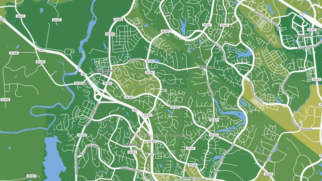 Map of the best neighborhoods in the Ashburn Farm, Ashburn area, with better matches in green and worse matches in red