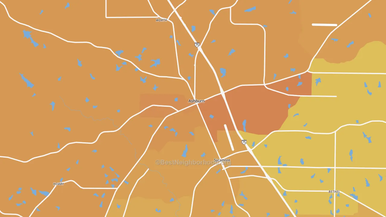 Map of the best neighborhoods in the Ashburn area, with better matches in green and worse matches in red