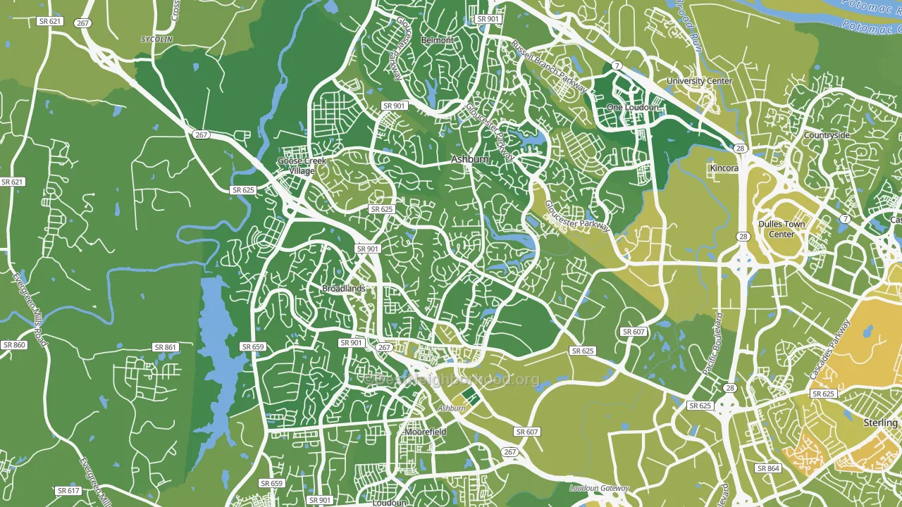 Map of the best neighborhoods in the Ashburn area, with better matches in green and worse matches in red