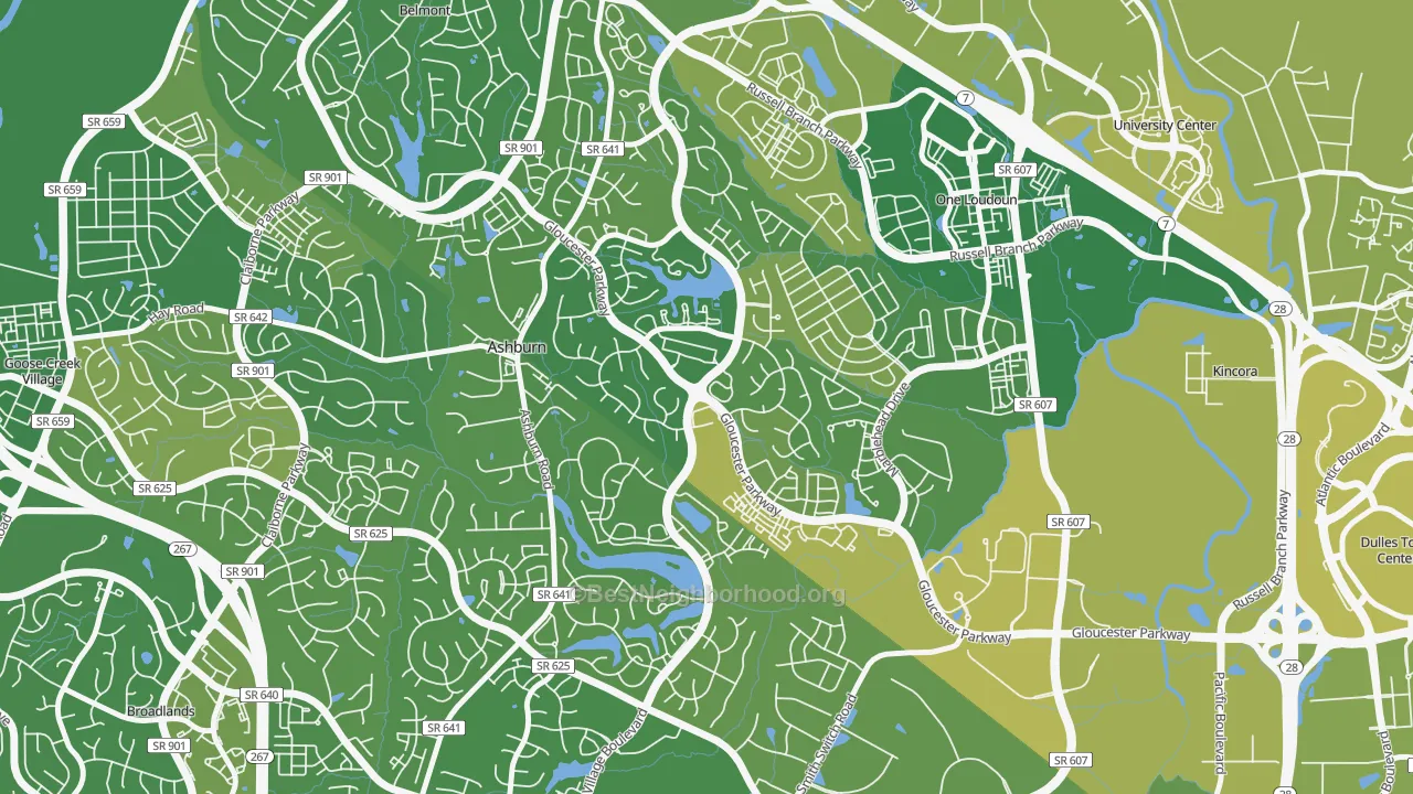 Map of the best neighborhoods in the Ashburn Village, Ashburn area, with better matches in green and worse matches in red