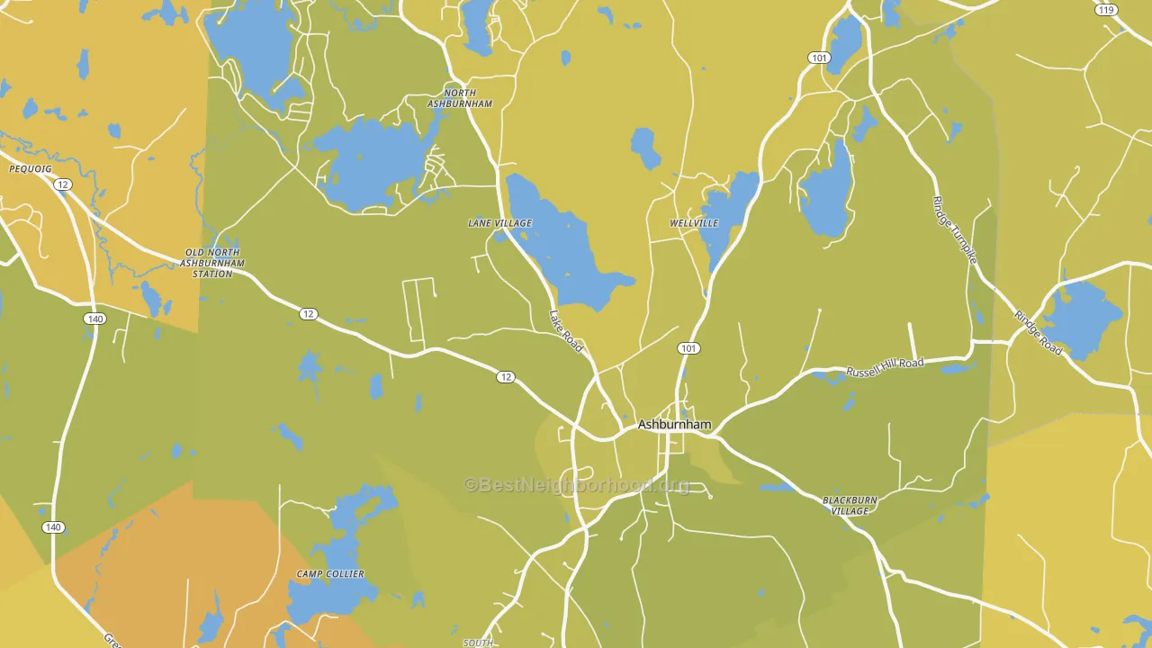 Map of the best neighborhoods in the Ashburnham area, with better matches in green and worse matches in red