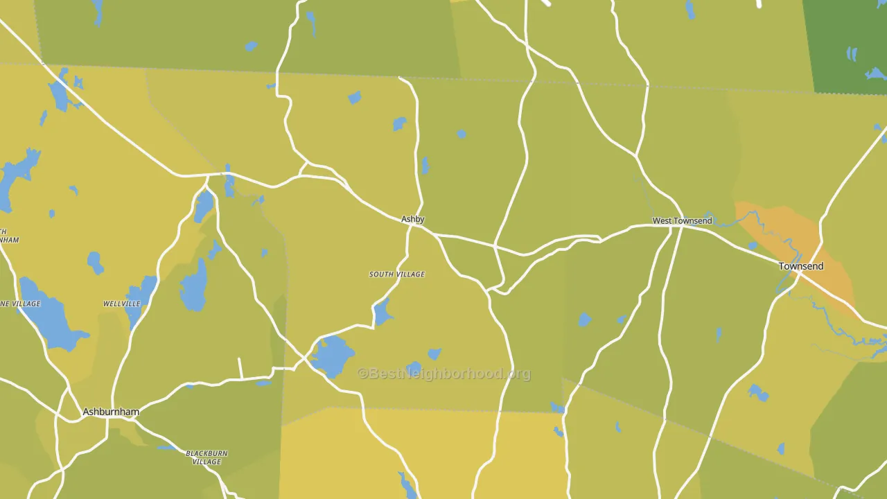 Map of the best neighborhoods in the Ashby area, with better matches in green and worse matches in red