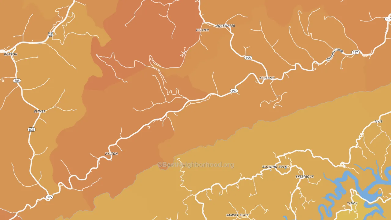 Map of the best neighborhoods in the Ashcamp area, with better matches in green and worse matches in red