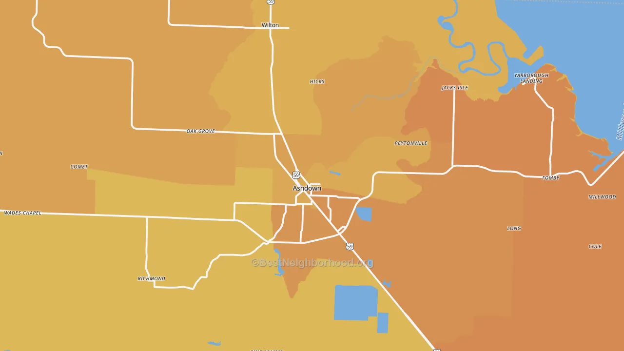 Map of the best neighborhoods in the Ashdown area, with better matches in green and worse matches in red