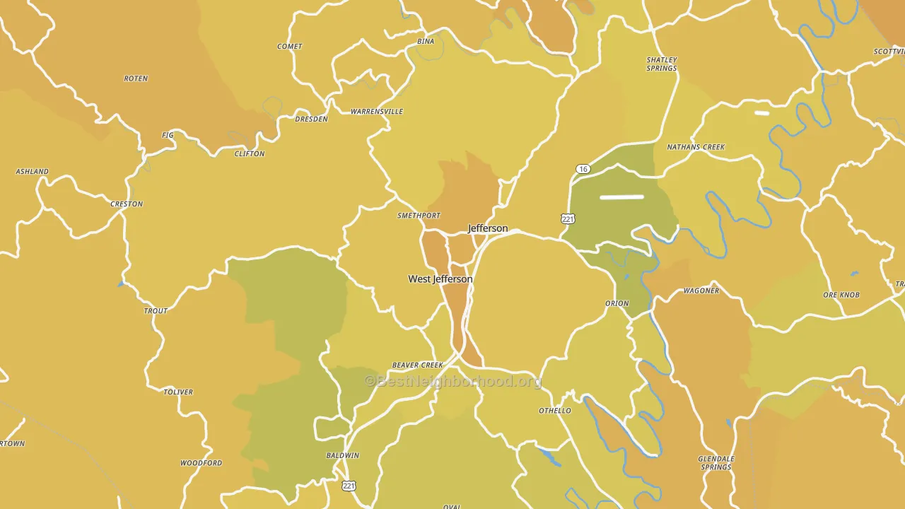Map of the best neighborhoods in the Ashe County area, with better matches in green and worse matches in red