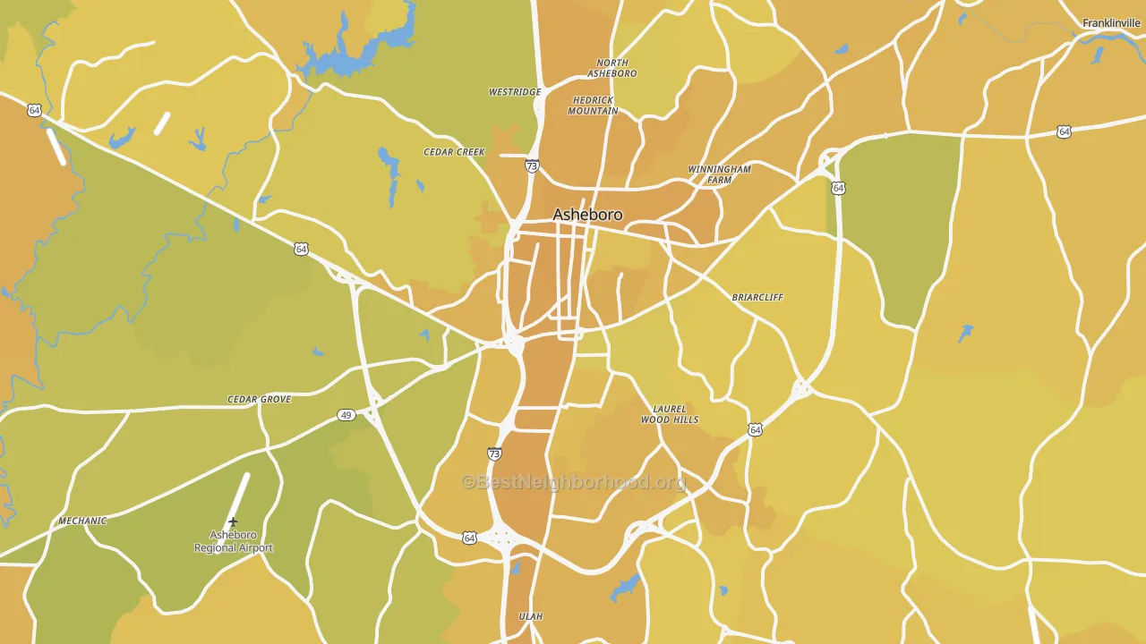 Map of the best neighborhoods in the Asheboro area, with better matches in green and worse matches in red