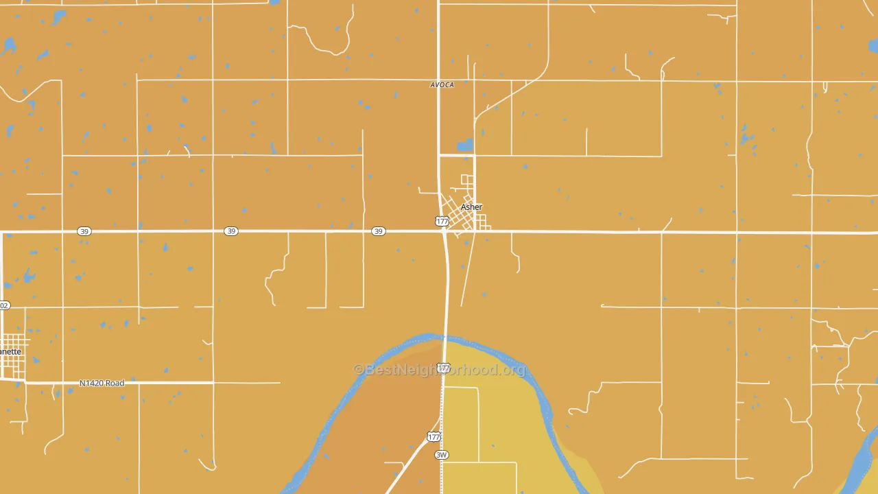 Map of the best neighborhoods in the Asher area, with better matches in green and worse matches in red