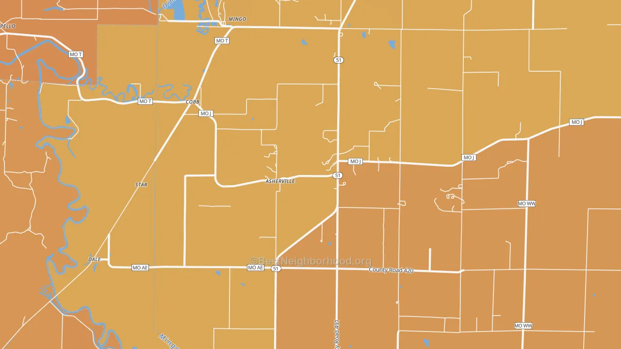 Map of the best neighborhoods in the Asherville area, with better matches in green and worse matches in red