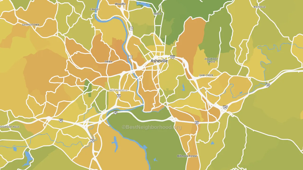 Map of the best neighborhoods in the Asheville Metro area, with better matches in green and worse matches in red