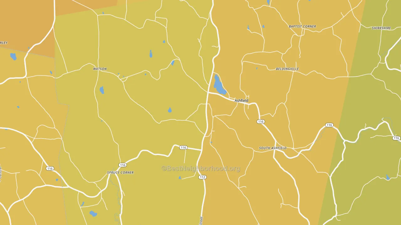 Map of the best neighborhoods in the Ashfield area, with better matches in green and worse matches in red
