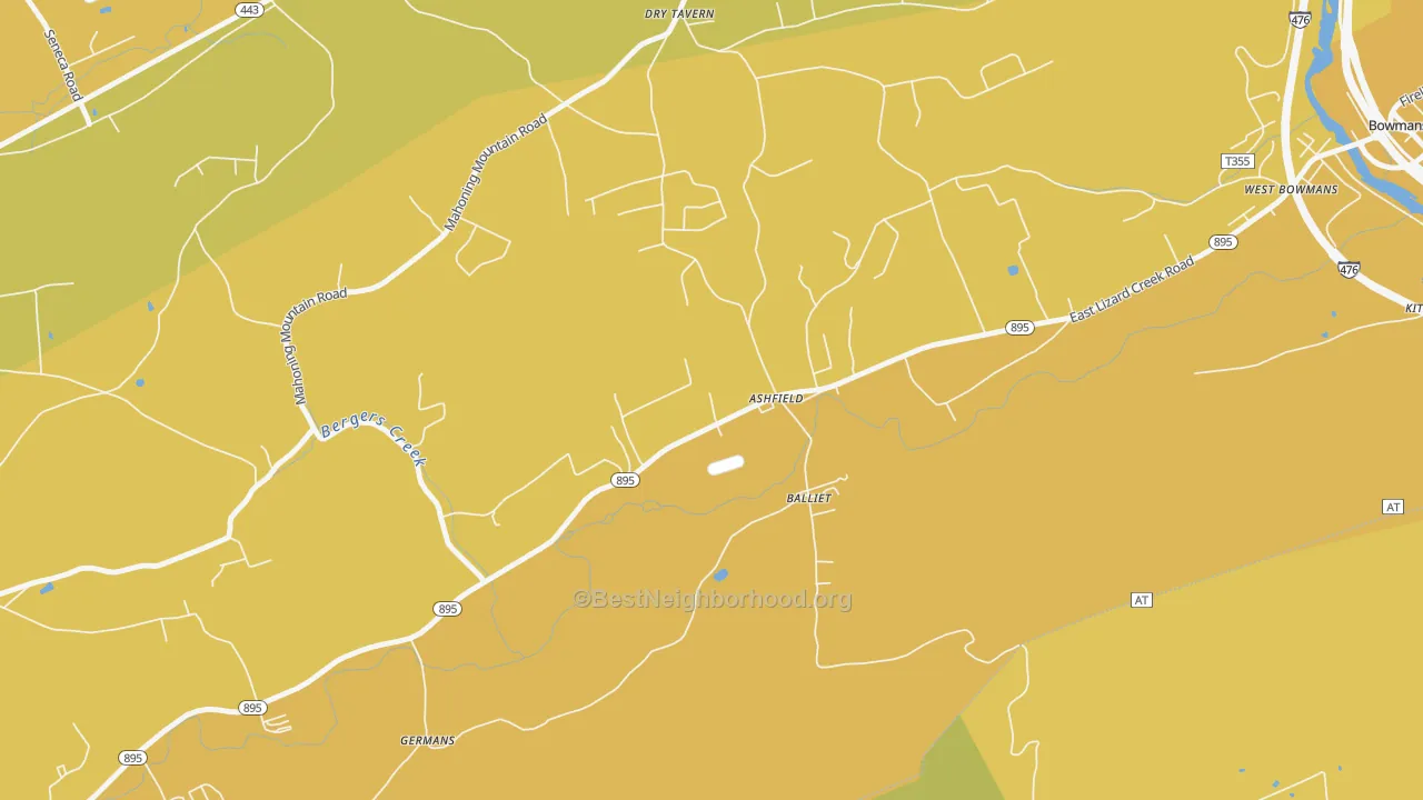 Map of the best neighborhoods in the Ashfield area, with better matches in green and worse matches in red