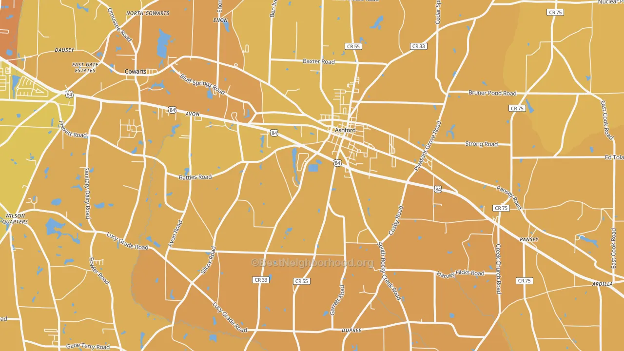 Map of the best neighborhoods in the Ashford area, with better matches in green and worse matches in red