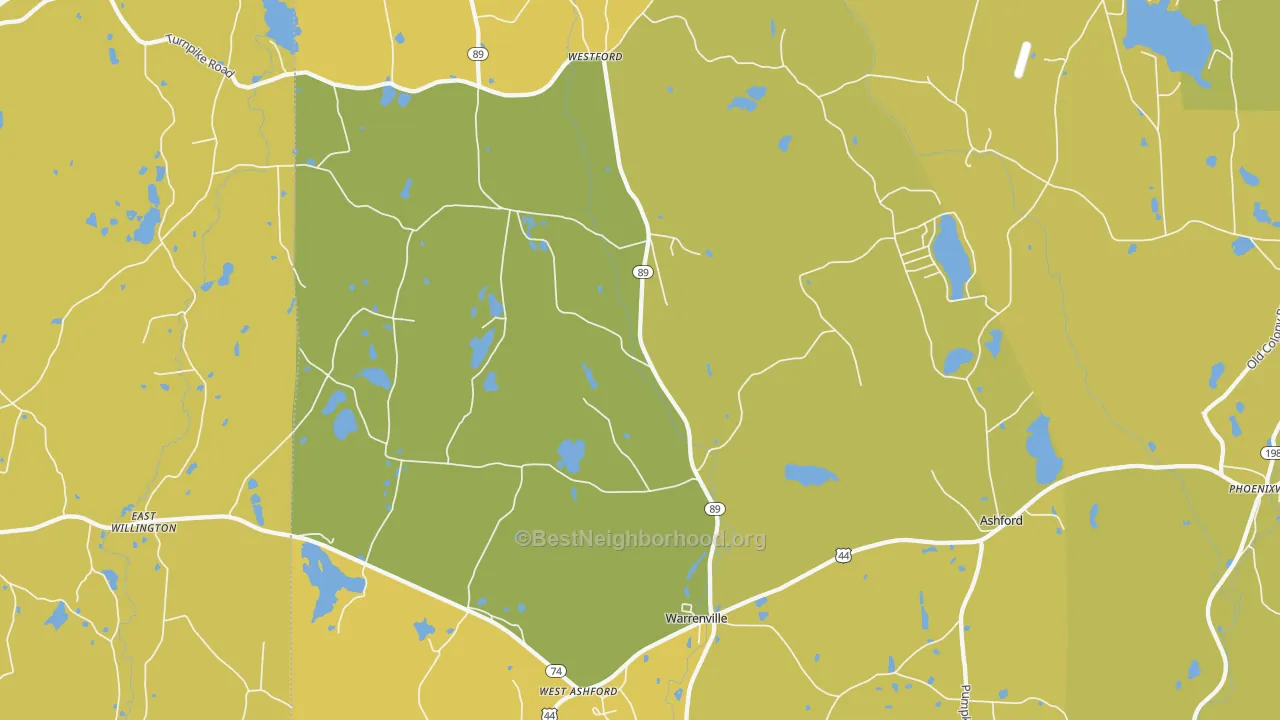 Map of the best neighborhoods in the Ashford area, with better matches in green and worse matches in red
