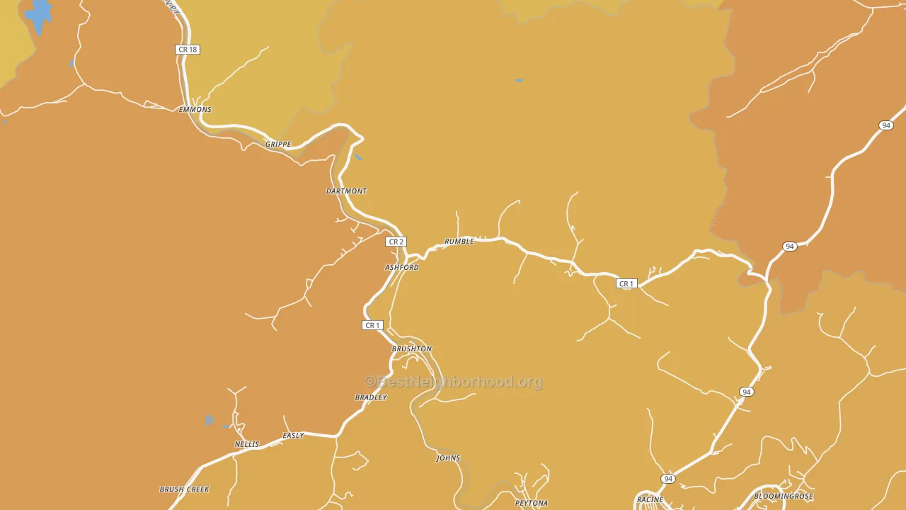 Map of the best neighborhoods in the Ashford area, with better matches in green and worse matches in red
