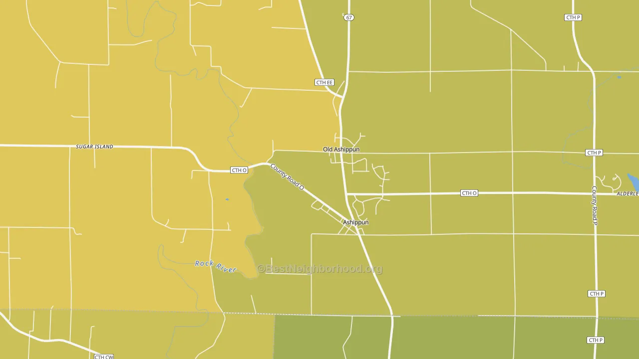 Map of the best neighborhoods in the Ashippun area, with better matches in green and worse matches in red