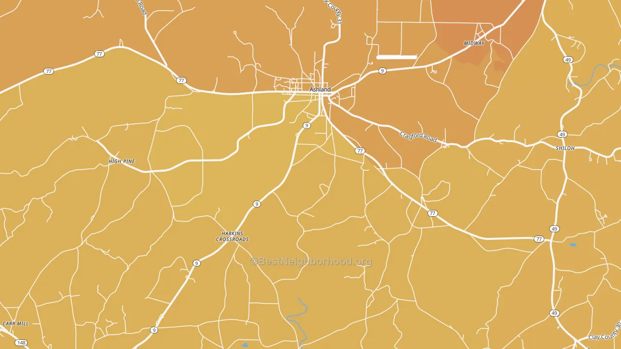Map of the best neighborhoods in the Ashland area, with better matches in green and worse matches in red