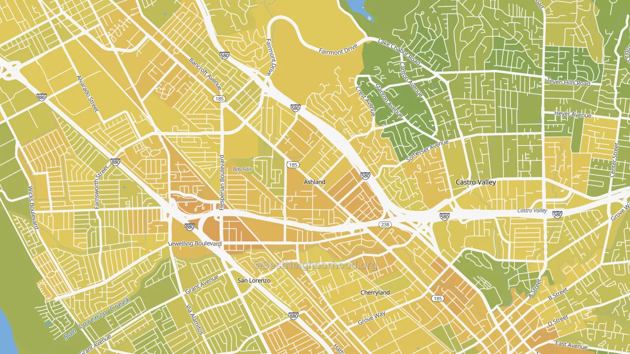 Map of the best neighborhoods in the Ashland area, with better matches in green and worse matches in red