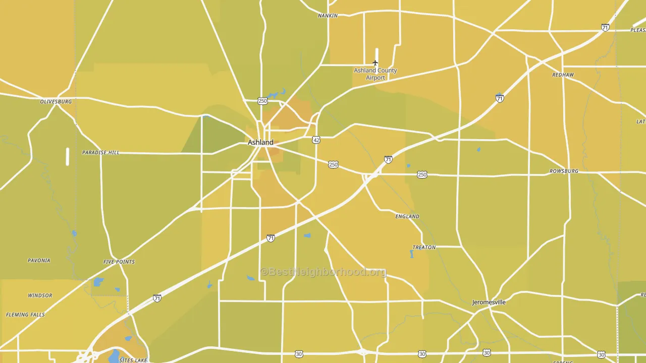 Map of the best neighborhoods in the Ashland County area, with better matches in green and worse matches in red