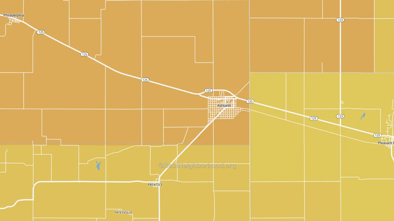 Map of the best neighborhoods in the Ashland area, with better matches in green and worse matches in red