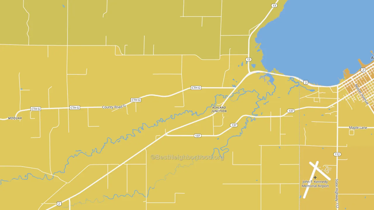 Map of the best neighborhoods in the Ashland Junction area, with better matches in green and worse matches in red
