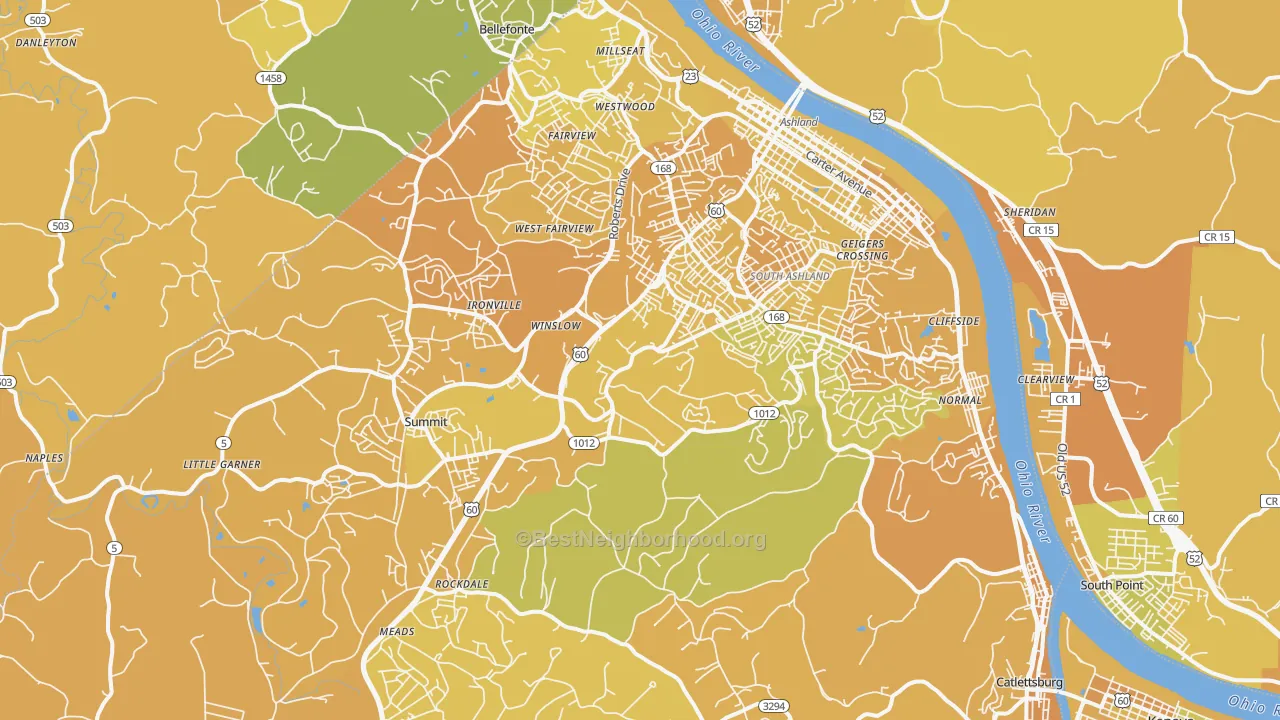 Map of the best neighborhoods in the Ashland area, with better matches in green and worse matches in red