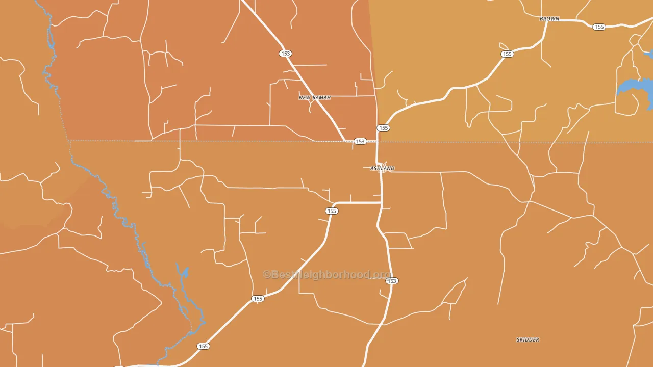 Map of the best neighborhoods in the Ashland area, with better matches in green and worse matches in red