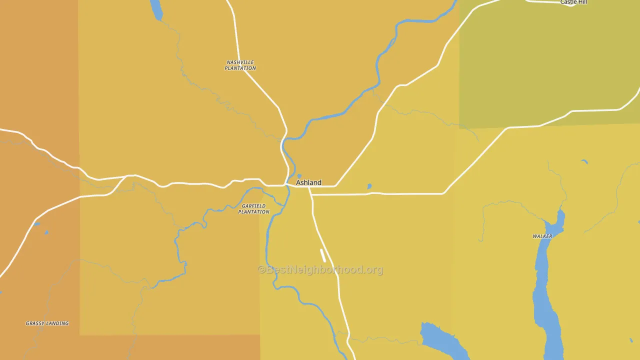 Map of the best neighborhoods in the Ashland area, with better matches in green and worse matches in red