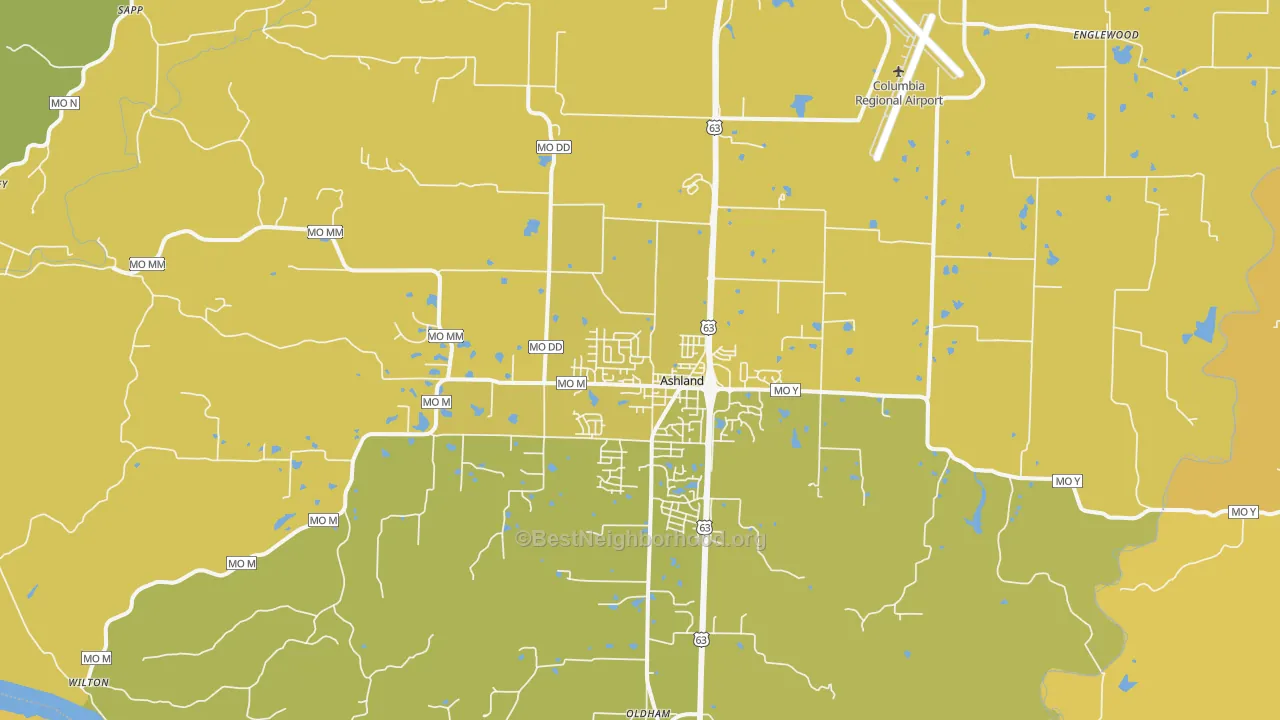 Map of the best neighborhoods in the Ashland area, with better matches in green and worse matches in red