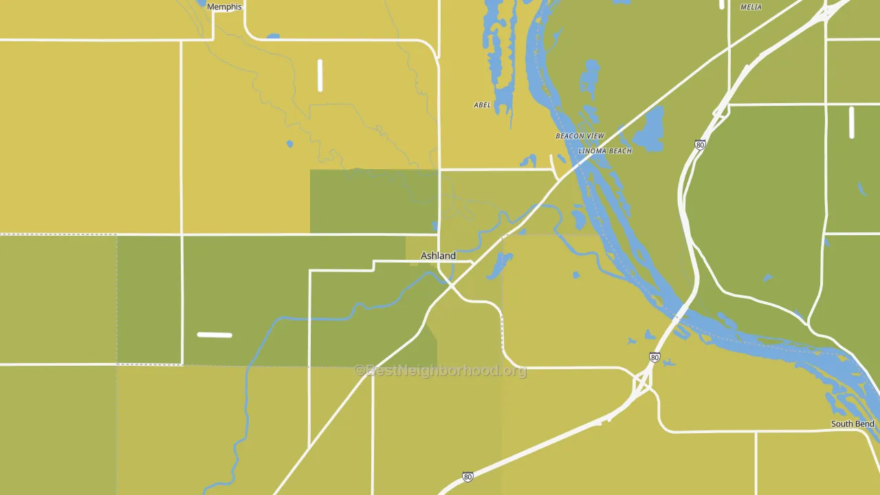 Map of the best neighborhoods in the Ashland area, with better matches in green and worse matches in red