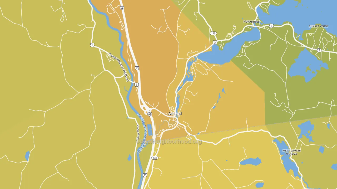 Map of the best neighborhoods in the Ashland area, with better matches in green and worse matches in red