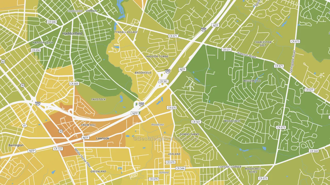Map of the best neighborhoods in the Ashland area, with better matches in green and worse matches in red