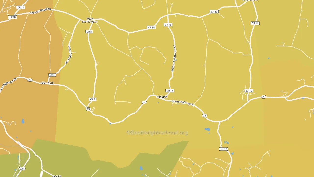 Map of the best neighborhoods in the Ashland area, with better matches in green and worse matches in red