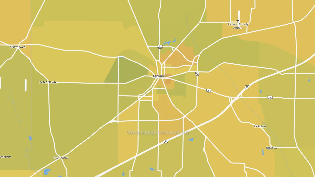 Map of the best neighborhoods in the Ashland area, with better matches in green and worse matches in red