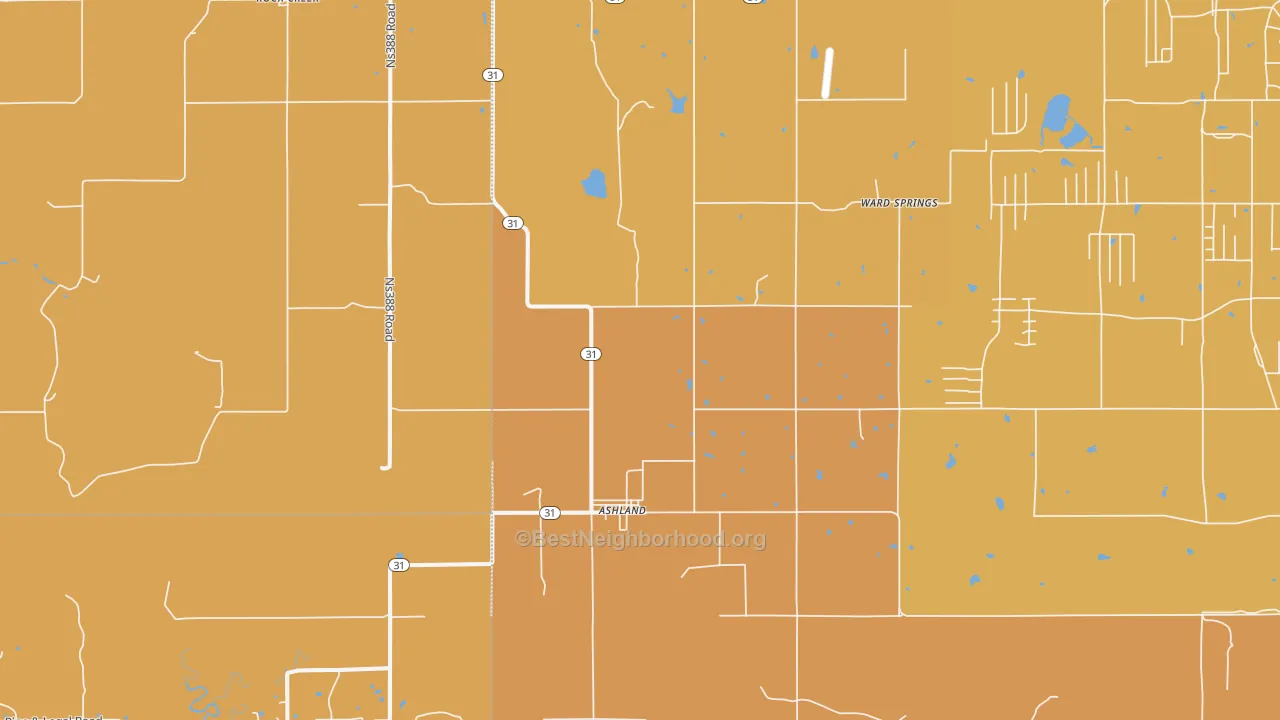 Map of the best neighborhoods in the Ashland area, with better matches in green and worse matches in red