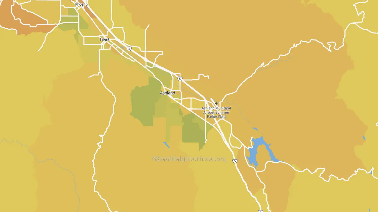 Map of the best neighborhoods in the Ashland area, with better matches in green and worse matches in red
