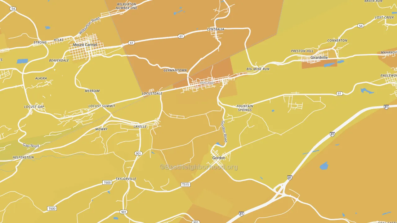 Map of the best neighborhoods in the Ashland area, with better matches in green and worse matches in red