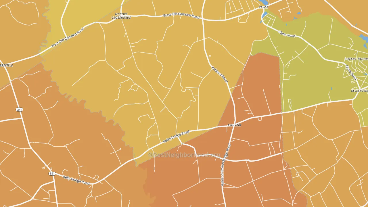 Map of the best neighborhoods in the Ashland area, with better matches in green and worse matches in red