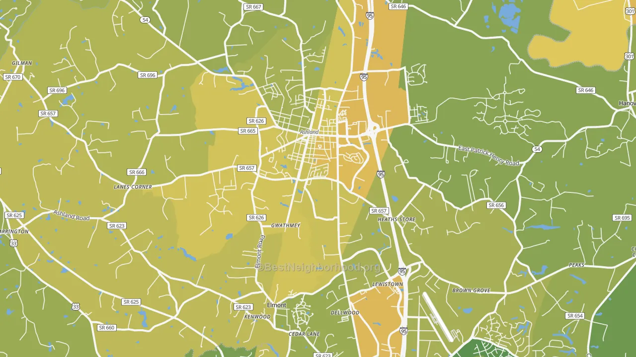 Map of the best neighborhoods in the Ashland area, with better matches in green and worse matches in red