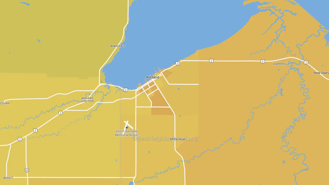Map of the best neighborhoods in the Ashland area, with better matches in green and worse matches in red