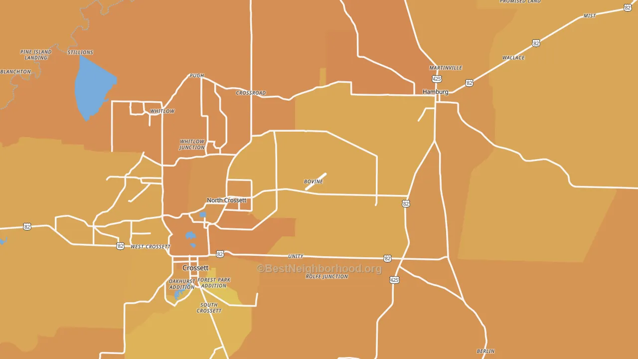 Map of the best neighborhoods in the Ashley County area, with better matches in green and worse matches in red