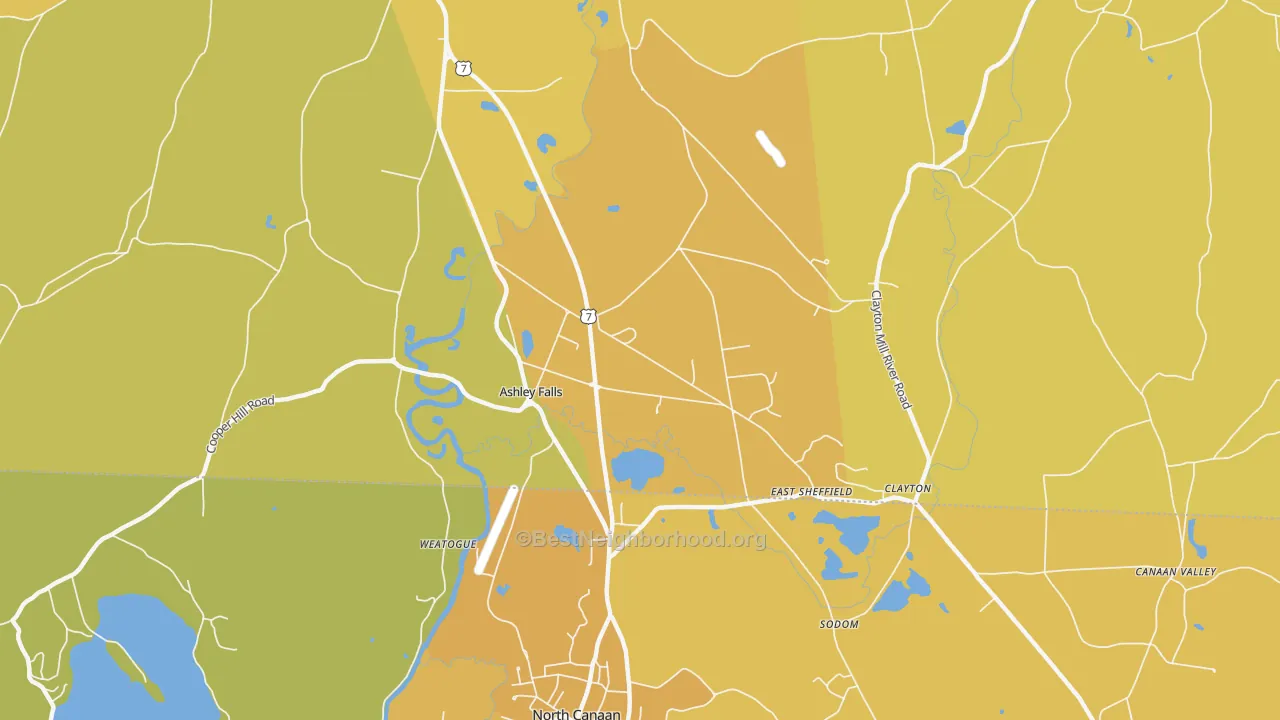 Map of the best neighborhoods in the Ashley Falls area, with better matches in green and worse matches in red