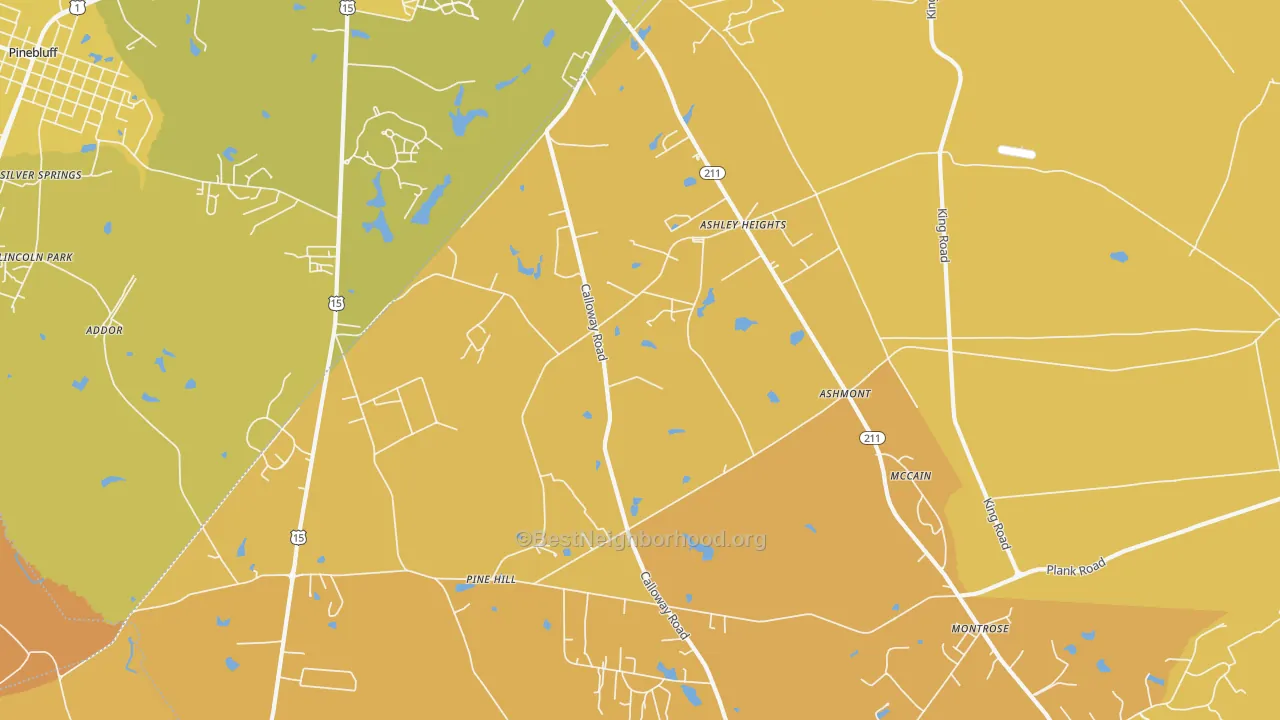 Map of the best neighborhoods in the Ashley Heights area, with better matches in green and worse matches in red
