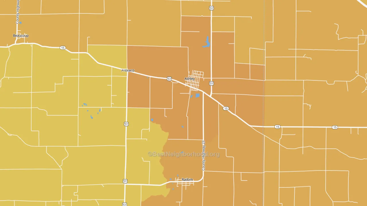 Map of the best neighborhoods in the Ashley area, with better matches in green and worse matches in red
