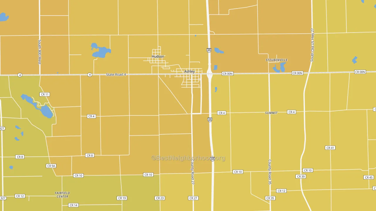 Map of the best neighborhoods in the Ashley area, with better matches in green and worse matches in red