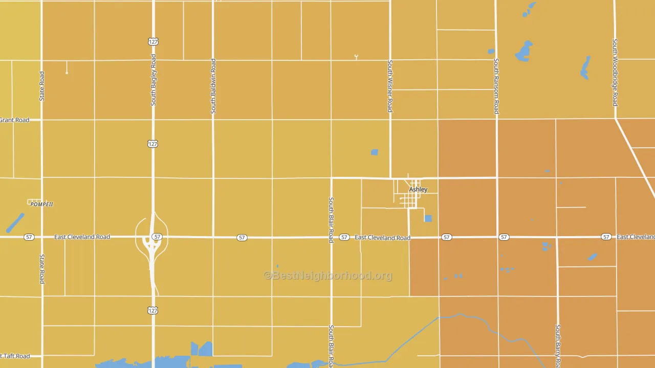 Map of the best neighborhoods in the Ashley area, with better matches in green and worse matches in red