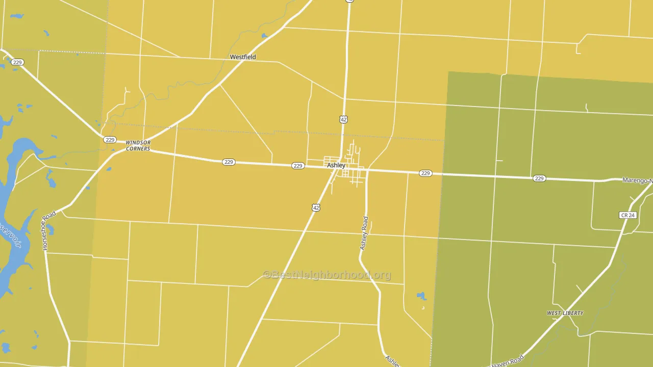 Map of the best neighborhoods in the Ashley area, with better matches in green and worse matches in red