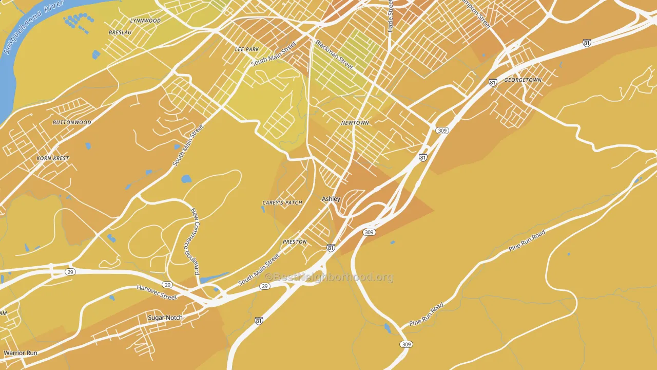 Map of the best neighborhoods in the Ashley area, with better matches in green and worse matches in red